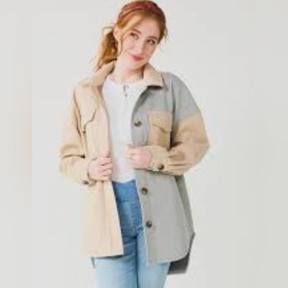NEW SO Women's Tan Gray Oversized Shirt Jacket Shacket
